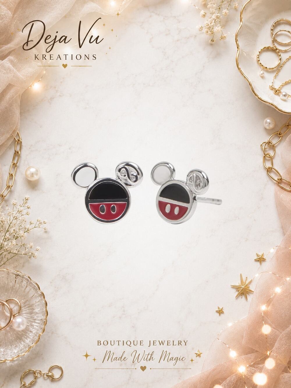 S925 Sterling Silver Red Black Mickey Mouse Infinity Stud Earrings